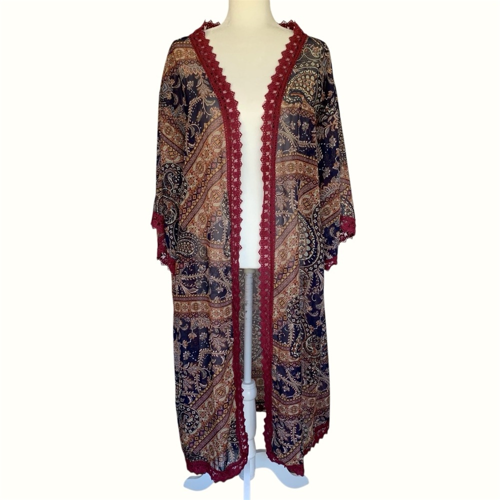 LuLaRoe Chloe Sheer Blue Paisley Maroon Lace Trim Kimono Overlay ~ Women’s Large